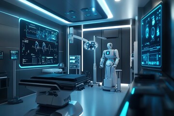 A futuristic hospital room where an AI-powered robot assists a doctor in surgery