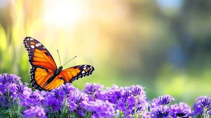 Obraz premium Orange butterfly perched on lavender in sunny garden, blurred background, for nature scenes
