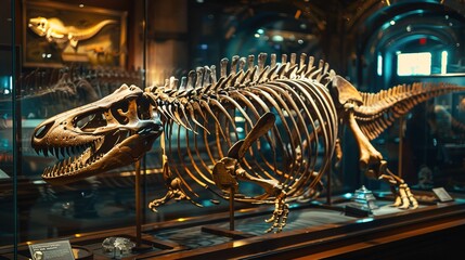 A museum exhibit featuring a detailed skeleton of a prehistoric sea creature, mounted for display.