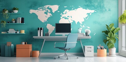 A Modern Workspace Features a World Map and Office Desk