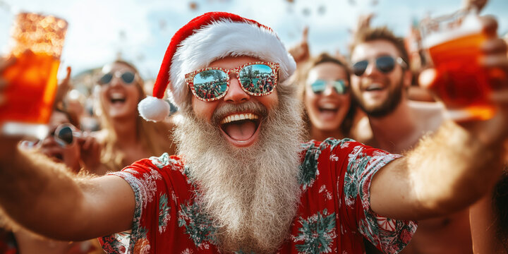 Santa Claus in Hawaiian shirt enjoys summer party with friends, Christmas in July party