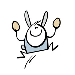 Easter bunny has found two eggs and is jumping for joy. Vector illustration of the winner of the traditional holiday hunt. A spring animal. Funny doodle cartoon isolated on white background.