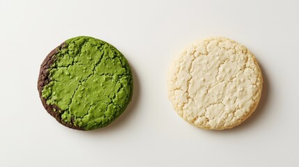Two delectable treats, a vibrant green matcha white chocolate cookie and a classic butter chocolate cookie, sat side by side on a pristine white backdrop, their contrasting hues and textures creating