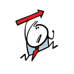Aggressive stickman holds a red arrow in his hands and aim at the target. Vector illustration of a businessman running to financial success, attacking competitors, business concept.