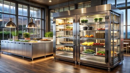 Modern Kitchen with Stylish Refrigerator and Fresh Food Display