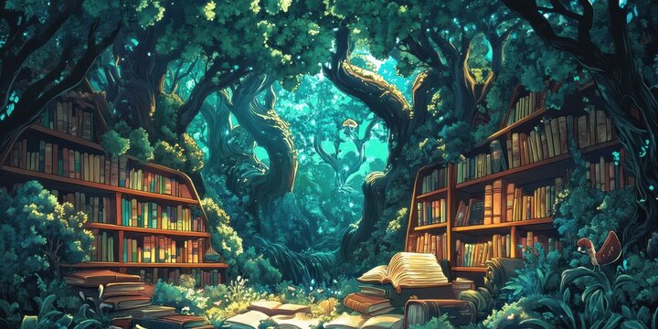 An enchanted forest library with books and magical surroundings