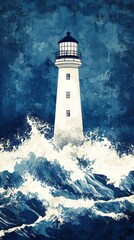 A tall white lighthouse surrounded by raging ocean waves under sky