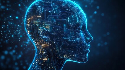 Fototapeta premium Artificial Intelligence Digital Human Head with Circuit Board in Dark Blue and Light Azure, Tech-Savvy Hyper-Realistic Sci-Fi Illustration, Glowing Neon Lines, Futuristic Design, Dark Background