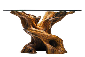 Artistic wooden table with glass top in minimalist home setting