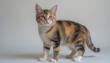 Obraz premium Tabby kitten with white chest fur and green eyes standing confidently