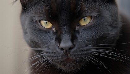  Portrait of a black cat with striking yellow eyes and white whiskers