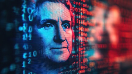 Abstract portrait overlaid on a digital code background.  Intriguing blend of human and technology.