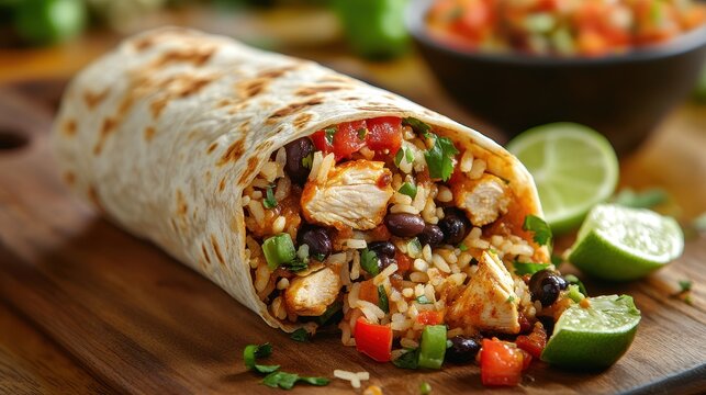A vibrant, casual Tex-Mex masterpiece, the crispy peri peri chicken burrito wrap, its tightly rolled form adorned with a diagonal slice, revealing a tantalizing symphony of textures and flavors:
