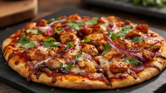 A culinary masterpiece, a chicken Tikka pizza, rests majestically on a sleek, 15-inch, black flat platter with a smooth matte finish and uneven, artisan-crafted edges. The pizza is vibrant toppings,