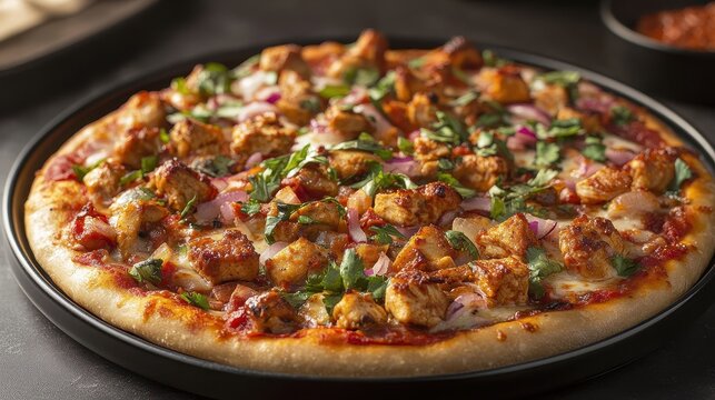 A culinary masterpiece, a chicken Tikka pizza, rests majestically on a sleek, 15-inch, black flat platter with a smooth matte finish and uneven, artisan-crafted edges. The pizza is vibrant toppings,