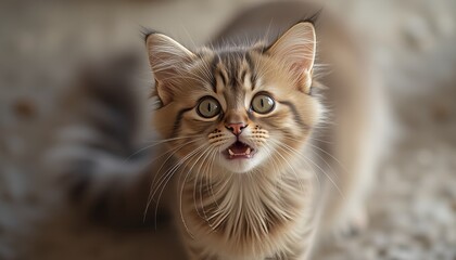 Obraz premium Tabby kitten with wide eyes and mouth open in surprise