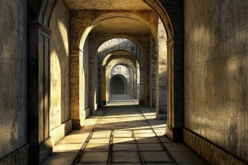 Fototapeta premium Mysterious stone corridor with arches illuminated by soft sunlight in a historical setting