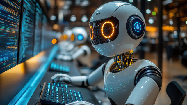 RPA in customer service, featuring AI-driven chatbots handling real-time customer inquiries, automated responses, and intelligent call routing