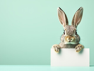 Obraz premium adorable easter bunny peeking over blank sign on pastel background