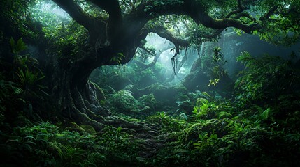 Lush Green Forest with Ancient Tree and Sunlight Beams
