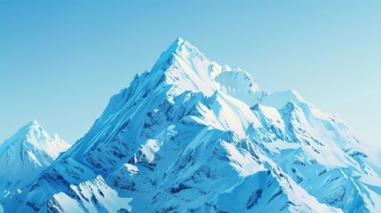 A realistic painting of a snow-covered mountain peak under a clear blue sky, against a solid background.