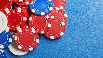 Close-Up View of Colorful Poker Chips Arranged on a Vibrant Blue Background for Casino Gaming and Gambling Experience