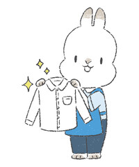 洗ったシャツを持ったクリーニング屋の店員のうさぎのキャラクターの手書きイラスト