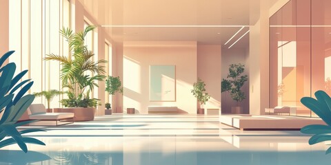 Fototapeta premium A sunlit modern interior with plants and minimalist furniture arrangements