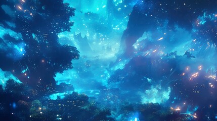 Ethereal Blue Fantasy Landscape Celestial City Under Starry Skies