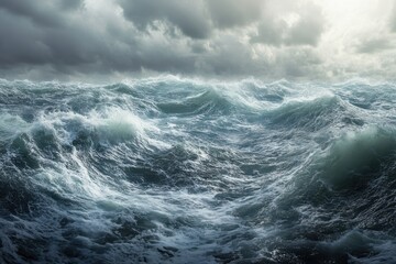 Obraz premium Heavy waves crash against the rocky shore during a stormy afternoon at sea