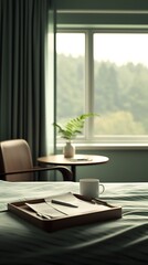 Fototapeta premium A serene bedroom scene featuring a bed, a tray with a cup and notebook, and a window with natural light and greenery outside.