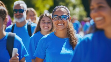 Smiling People in Blue T-Shirts Walking Together in a Sunny Park