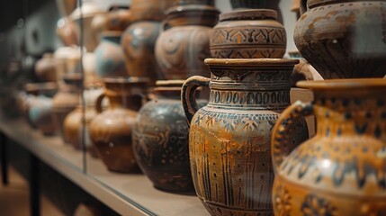 A row of meticulously arranged pottery pieces from different historical periods in a museum display.