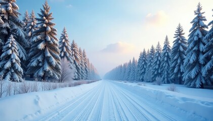 Obraz premium Wide open space of snowy forest road in the distance, road, winter