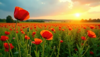 Wide shot of the wild poppy field in the early morning light, wide shot, blooming, green grass