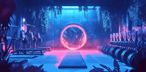 Futuristic Gym Environment Featuring Exercise Equipment and An Portal