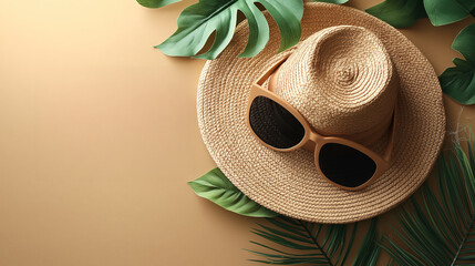 Straw Hat and Sunglasses with Tropical Leaves