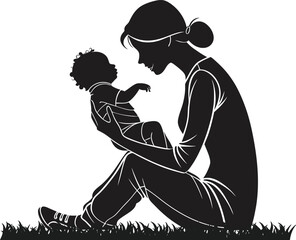 Mother's Day mom and her child loving landscape scene silhouette vector illustration
