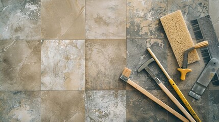 A set of ceramic tiles, grout, and tools for a DIY tiling project on a solid background.