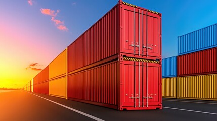Stacked Colorful Shipping Containers in a Port Against a Vibrant Sunset Sky with Contrasting Hues of Orange, Blue, and Yellow on the Horizon