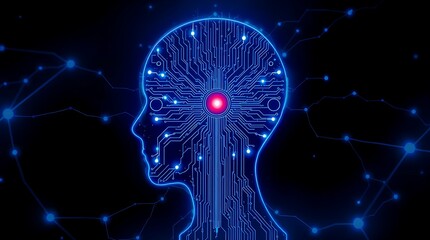 A glowing human head silhouette filled with circuit patterns, a red dot symbolizing consciousness, and interconnected nodes extending into space, representing a futuristic neural network