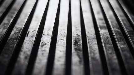 Close-up of dark metal bars with a gritty texture adds an industrial feel. Metal Grooves in a Monochromatic, Abstract Perspective