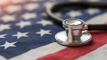 A stethoscope rests on an American flag, symbolizing healthcare and patriotism in the United States.