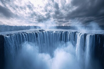 Fototapeta premium Powerful waterfall cascading from rocky cliffs under a bright blue sky