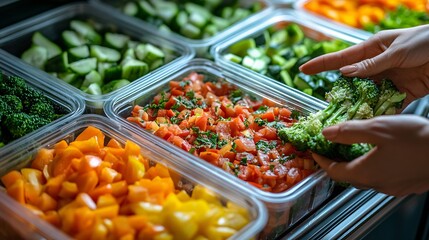 Chopped colorful vegetables displayed for selection in containers are seen