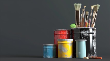 A set of paint cans and brushes arranged on a solid background, ready for a painting project.