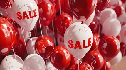 A set of red and white "SALE" balloons on a solid background, creating a festive atmosphere.