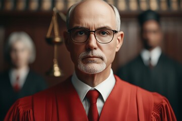 A serious-looking judge in a red robe stands in front of a courtroom, with two other figures blurred in the background, symbolizing authority and justice.