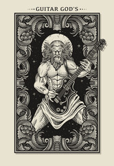 Fototapeta premium Mythical Rock God Playing Electric Guitar in Vector Illustration Art. Perfect for music, fantasy, and mythology themed designs.