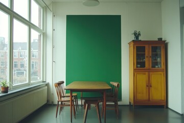 Fototapeta premium Minimalist dining room with green wall, wooden table, and vintage cupboard.